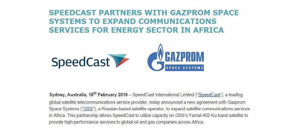 SpeedCast partners with Gazprom Space Systems to expand communications services for energy sector in Africa